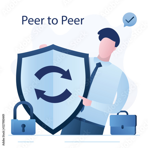 Concept of protective transferring and converting bitcoin BTC to dollars USD peer to peer P2P. Blockchain technology. Businessman holds bid shield. Crypto money exchange.