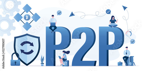 Peer to peer business communication, P2P banner. Distributed economy, one-rank fintech relationships. People send and receive money, secure exchange from currency to bitcoin or cryptocurrency.