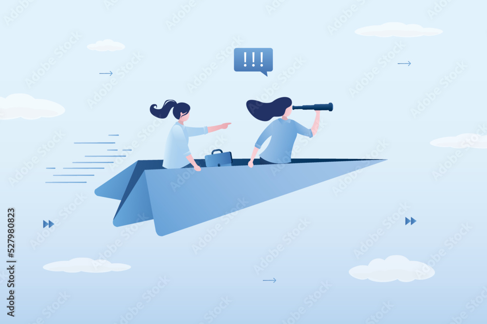 Group of women is flying on paper plane, business vision. Movement in direction of profit, success. Corporate relations, communication. Teamwork, brainstorming. Origami plane and businesswomen. Group of women is flying on paper plane, business vision. Movement in direction of profit, success. Corporate relations, communication. Teamwork, brainstorming. Origami plane and businesswomen.