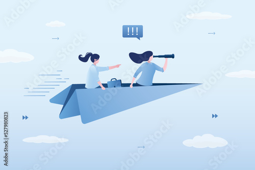 Group of women is flying on paper plane, business vision. Movement in direction of profit, success. Corporate relations, communication. Teamwork, brainstorming. Origami plane and businesswomen.