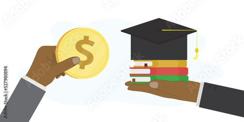 Buyer gives golden coin and pays for education. Payment of tuition fees. Hand holds graduation hat and textbooks. Purchase online courses, tutorials. Investment in education.