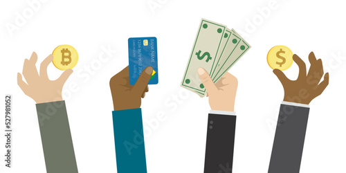 People's hands hold different payment options. Banknotes, coin, plastic card and cryptocurrency. Cash and non-cash money. Payment for goods and services. Bitcoin and traditional money.