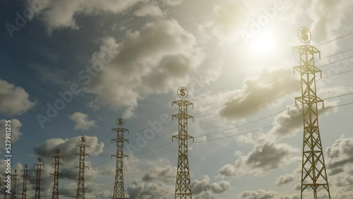High electricity prices. Conceptual 3D render animation of high price of electricity. Dollar signs over electricity pylon.