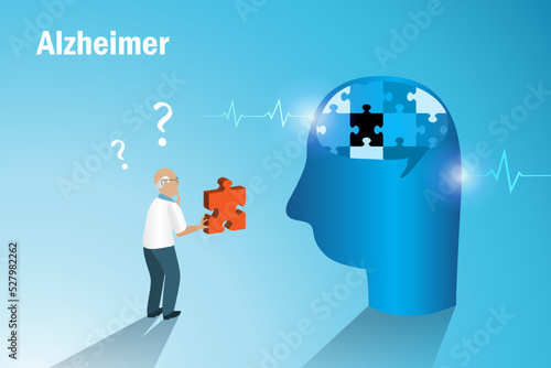 Dementia Alzheimer diseases, memory and brain loss. Elderly man hold jigsaw missing piece, lost his memories in brain. World Alzheimer day, Parkinson disease and mental health.