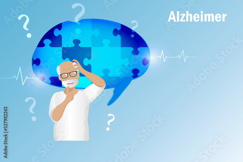Dementia Alzheimer diseases, memory and brain loss. Elderly man lost his brain jigsaw puzzle memories. World Alzheimer day, Parkinson disease and mental health.