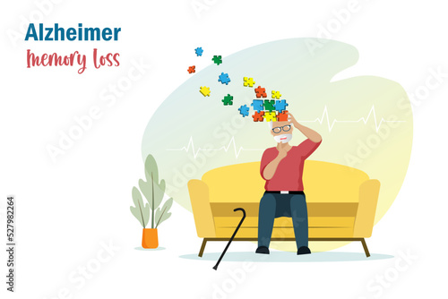 Dementia Alzheimer diseases, memory and brain loss. Elderly man lost his brain jigsaw puzzle memories. World Alzheimer day, Parkinson disease and mental health.