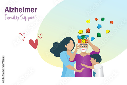 Dementia Alzheimer diseases, memory and brain loss with family support. Elderly man lost his brain jigsaw puzzle memories with family support. World Alzheimer day, Parkinson disease and mental health.