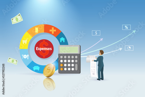 Cost of living expenses. Businessman manage rising financial bills from economic crisis and inflation. High cost of living, financial crisis and monthly bill expense payment.