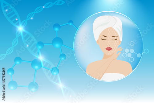 DNA molecule structure for cosmetology medicine connect to beautiful woman. Molecular chromosome gene for anti aging, biotechnology medical science, genetic chemistry and  cosmetology technology.