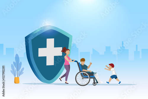 Medical and health insurance for family accident and health protection. Kid running to man with broken leg in plaster cast on wheelchair and medical insurance shield.