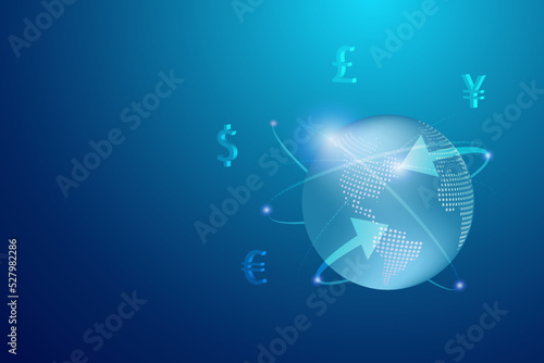 Money transfer and online currency exchange. World with foreign currency sign and network connecting, global investment and financial innovation technology.