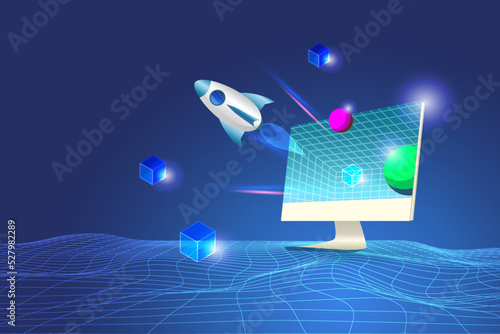 New business startup. 3D Rocket launching from computer with blockchain to futuristic outer space background.