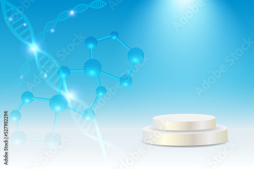 DNA molecule structure with podium connect to 3D molecular chromosome gene. Product display background for biotechnology medical science, genetic chemistry and beauty cosmetology.