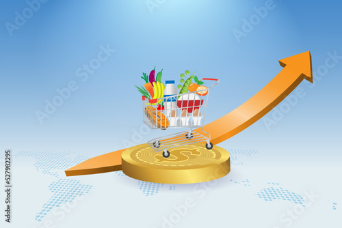 Foods inflation, economic crisis. and cost of living expense. Shopping cart trolley on rising graph money and cost of living indicator.