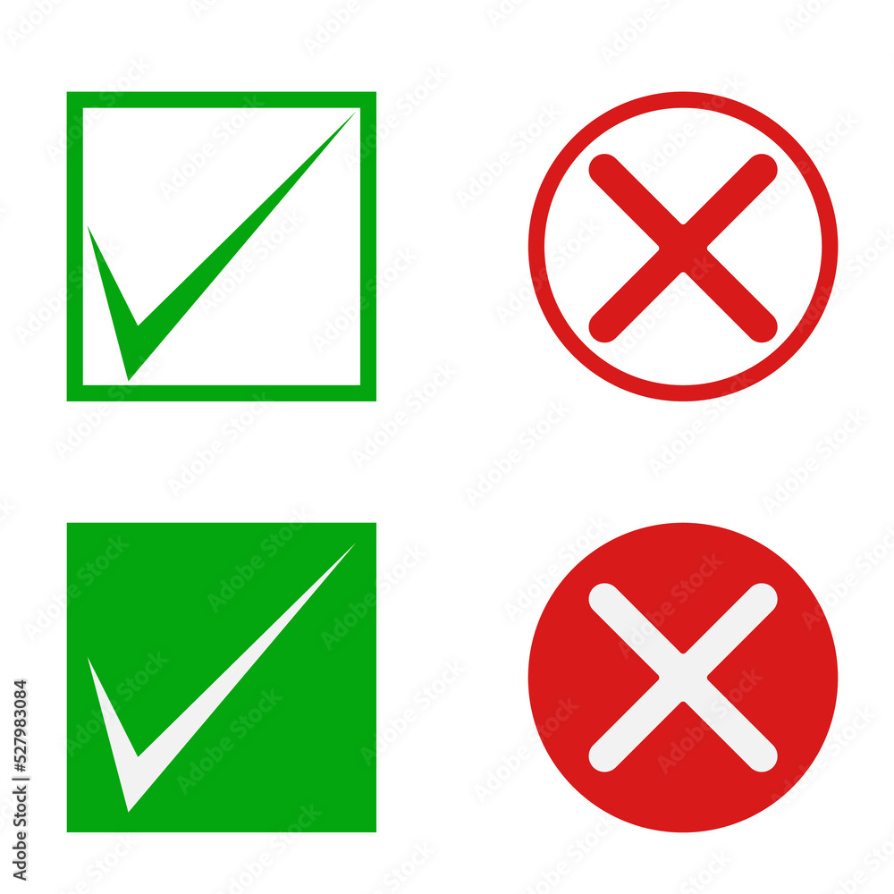 Green check mark and red cross icon on white background. Green check mark and red cross icon on white background.
