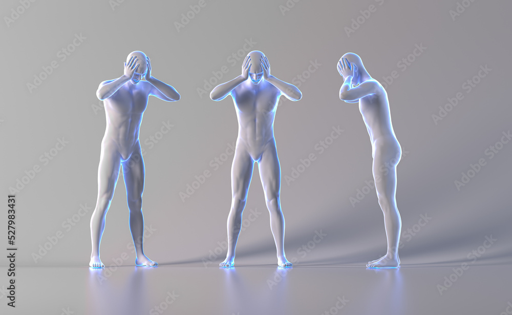 Technological human hologram of a male mannequin standing with hands holding his head with pain and stress emotion - 3d anatomy artificial intelligence illustration Technological human hologram of a male mannequin standing with hands holding his head with pain and stress emotion - 3d anatomy artificial intelligence illustration