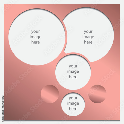Templates collage frames, photos, parts pictures, illustrations. Vector frame branding presentation. Modern minimalistic board mockup with golden gradient shape.