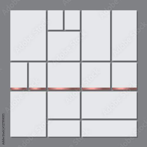 Templates collage frames, photos, parts pictures, illustrations. Vector frame branding presentation. Modern minimalistic board mockup with golden gradient shape.