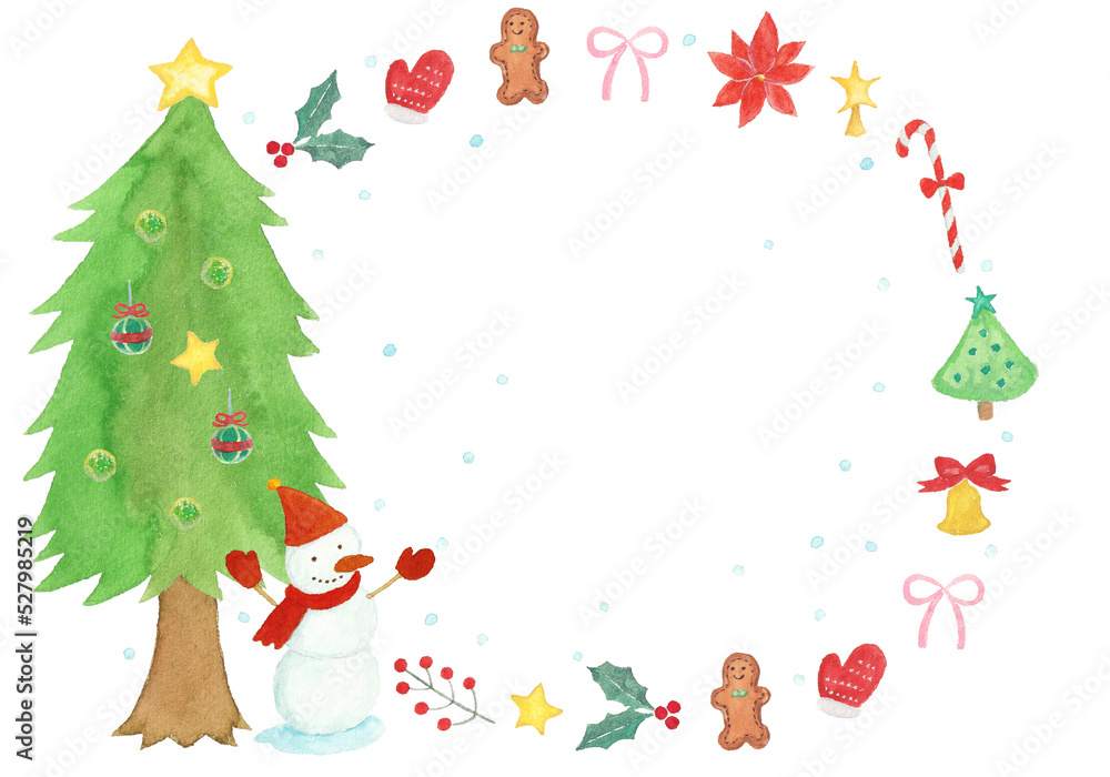 水彩絵の具で描いたクリスマスモチーフフレーム 水彩絵の具で描いたクリスマスモチーフフレーム