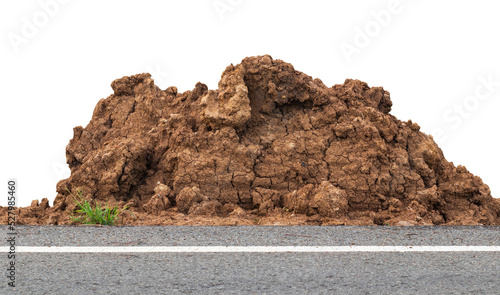 Isolate, close-up of a mound of dirt near the side of a paved road in rural Thailand.