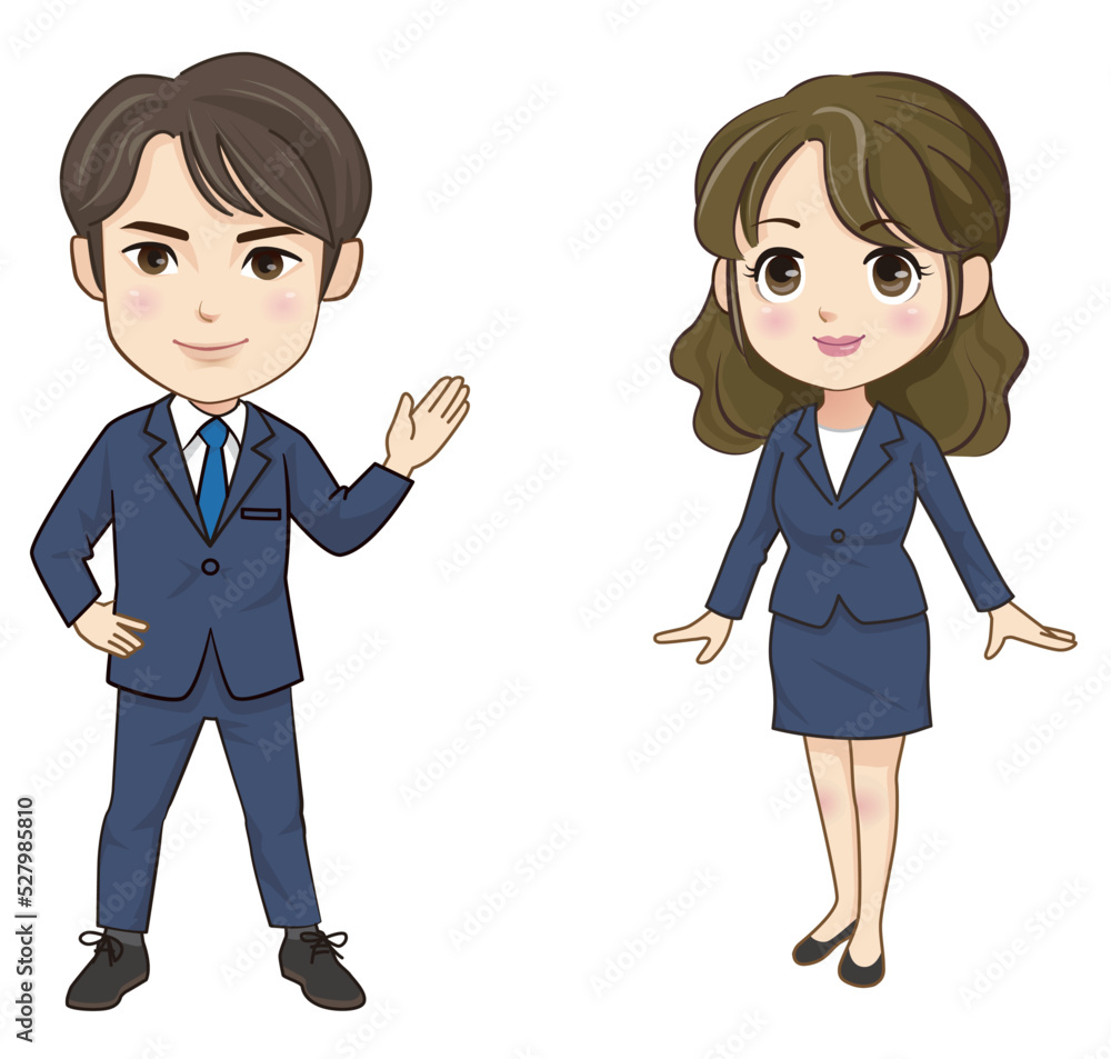 スーツ姿のビジネスパーソン、男性と女性の3頭身イラスト