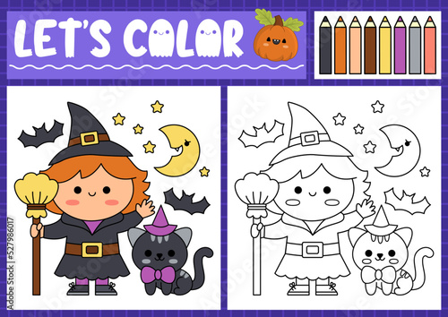 Halloween coloring page for children with cute kawaii witch and cat. Vector autumn holiday outline illustration. Color book for kids with colored example. Drawing skills printable worksheet.