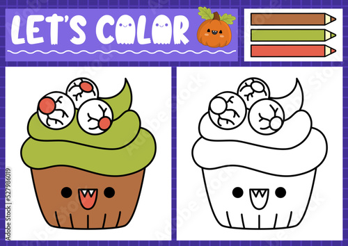 Halloween coloring page for children with cute kawaii scary cupcake. Vector autumn holiday outline illustration. Color book for kids with colored example. Drawing skills printable worksheet.