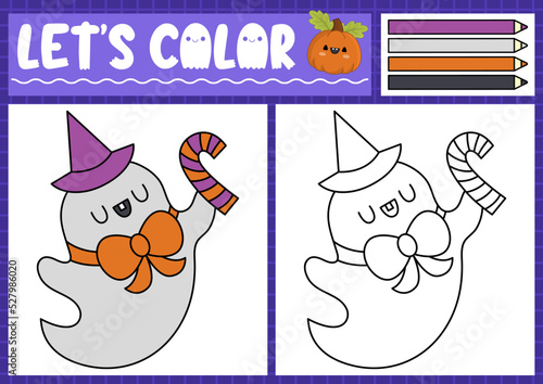 Halloween coloring page for children with cute kawaii ghost, candy cane. Vector autumn holiday outline illustration. Color book for kids with colored example. Drawing skills printable worksheet.
