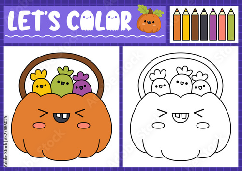 Halloween coloring page for children with cute kawaii pumpkin, sweets. Vector autumn holiday outline illustration. Color book for kids with colored example. Drawing skills printable worksheet.