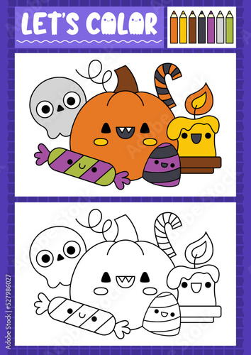 Halloween coloring page for children with cute kawaii sweets and treats. Vector autumn holiday outline illustration. Color book for kids with colored example. Drawing skills printable worksheet.