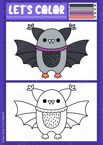 Halloween coloring page for children with cute kawaii bat. Vector autumn holiday outline illustration. Color book for kids with colored example. Drawing skills printable worksheet.