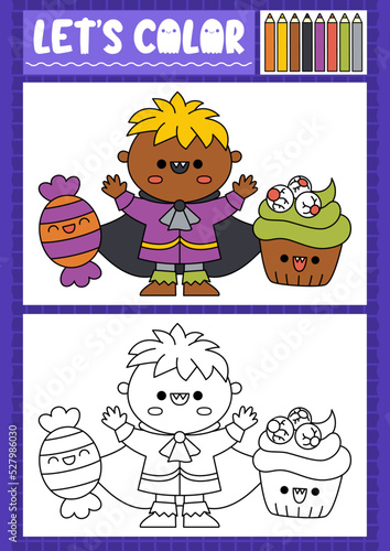 Halloween coloring page for children with cute kawaii vampire, sweets. Vector autumn holiday outline illustration. Color book for kids with colored example. Drawing skills printable worksheet.