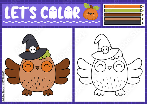 Halloween coloring page for children with cute kawaii owl. Vector autumn holiday outline illustration. Color book for kids with colored example. Drawing skills printable worksheet.