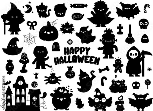 Vector Halloween silhouette set. Traditional trick or treat party black and white clipart. Scary shadow collection with pumpkin lantern, witch, ghost, skull, bat. Autumn holiday kawaii cute design.