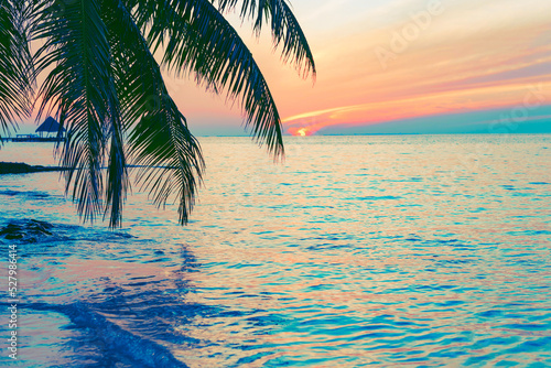 picturesque sunrise in the Maldives island, the sun rising from the Indian ocean and reflected in the water, travel concept, palm trees hanging over the water
