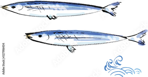秋刀魚の泳いでる手描き和風イラスト