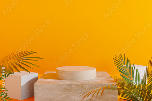 White podium and minimal Yellows abstract background, 3d rendering Marble geometric shape, Stage for product,leaves photo