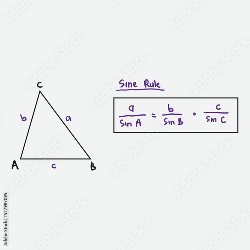 Math formula. Sine rule written by hand. High level math. Basic trigonometric identity, sine in triangle rule