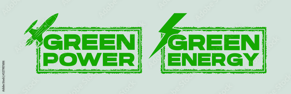 Fototapeta premium Green power and green energy text design with rocket and lighting icons