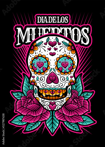 Dia de los muertos, Day of the dead skull, Mexican holiday, festival Vector Japanese Illustration Style Isolated. Editable Layer and Color.