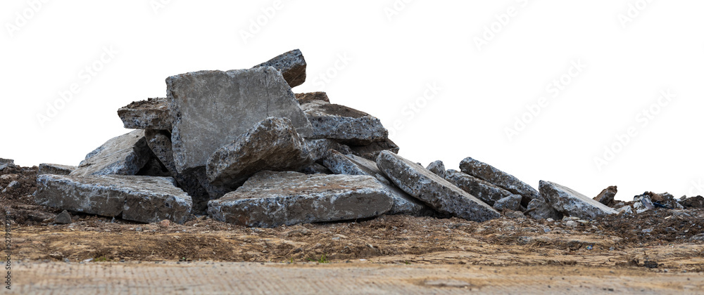Low View Isolate Debris of large concrete blocks are piled up on the mounds of road demolition for renovations, which are common during the summer in rural Thailand. Low View Isolate Debris of large concrete blocks are piled up on the mounds of road demolition for renovations, which are common during the summer in rural Thailand.