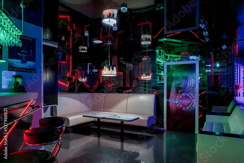 Background of room of closed private club in brothel is furnished modernly, where people nightlife with alcohol and escorts, lap dances, striptease show. Concept design interior. Copy text space
