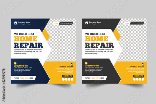 Construction and house renovation services social media post and web banner design template