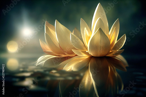 Lotus gold light with pearls floating on a sparkly background. Close-up of a lotus flower with reflection in the water, white lily in the moonlight. Image for wedding invitations. 3d rendering