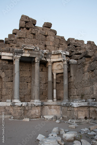 Historical building with marble columns. Elements of architectural decoration.