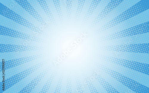 Sun rays retro vintage style on blue background, Comic pattern with starburst and halftone. Cartoon retro sunburst effect with dots. Rays. Summer banner vector illustration