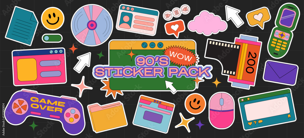 Hippie retro stickers, 90s game style and web frames. Funny cartoon  joystick, dvd disk, film, old computer, vintage set of vector elements in  groove style. Stock Vector | Adobe Stock