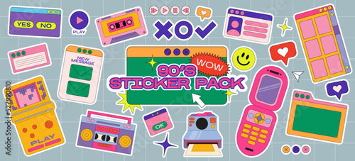 Hippie retro stickers, 90s game style and web frames. Funny cartoon joystick, tetris, old computer, vintage set of vector elements in groove style.