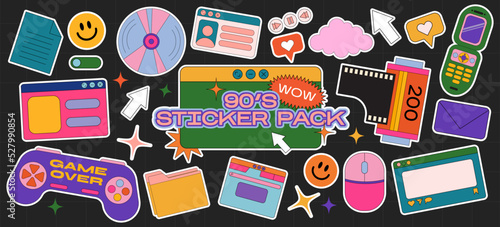 Hippie retro stickers, 90s game style and web frames. Funny cartoon joystick, dvd disk, film, old computer, vintage set of vector elements in groove style.