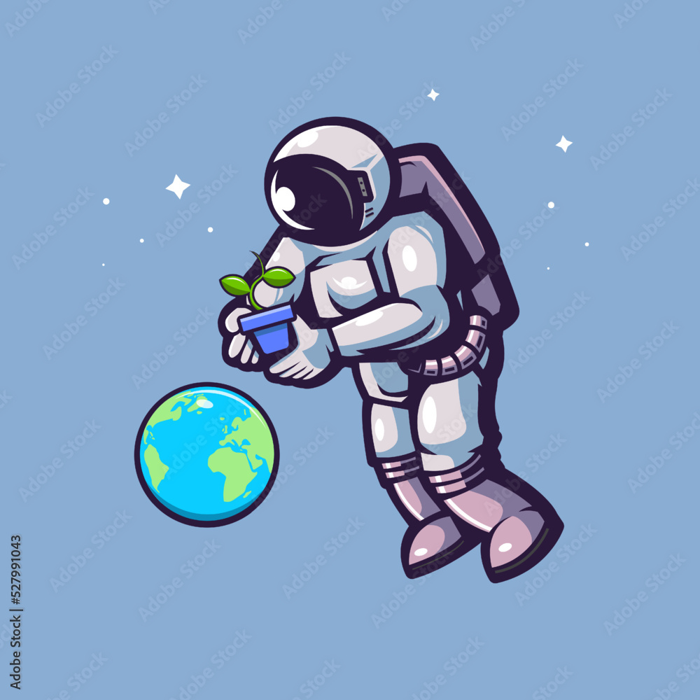 Astronaut holding plant on space save earth illustration design on blue background Astronaut holding plant on space save earth illustration design on blue background